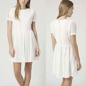 NWT Topshop White Stripe Lace Crochet Skater Dress Lined Zip Back Sz 12